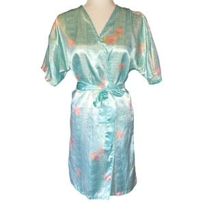 Vintage Contessa Di Roma seafoam aqua blue pink roses short summer robe sz M